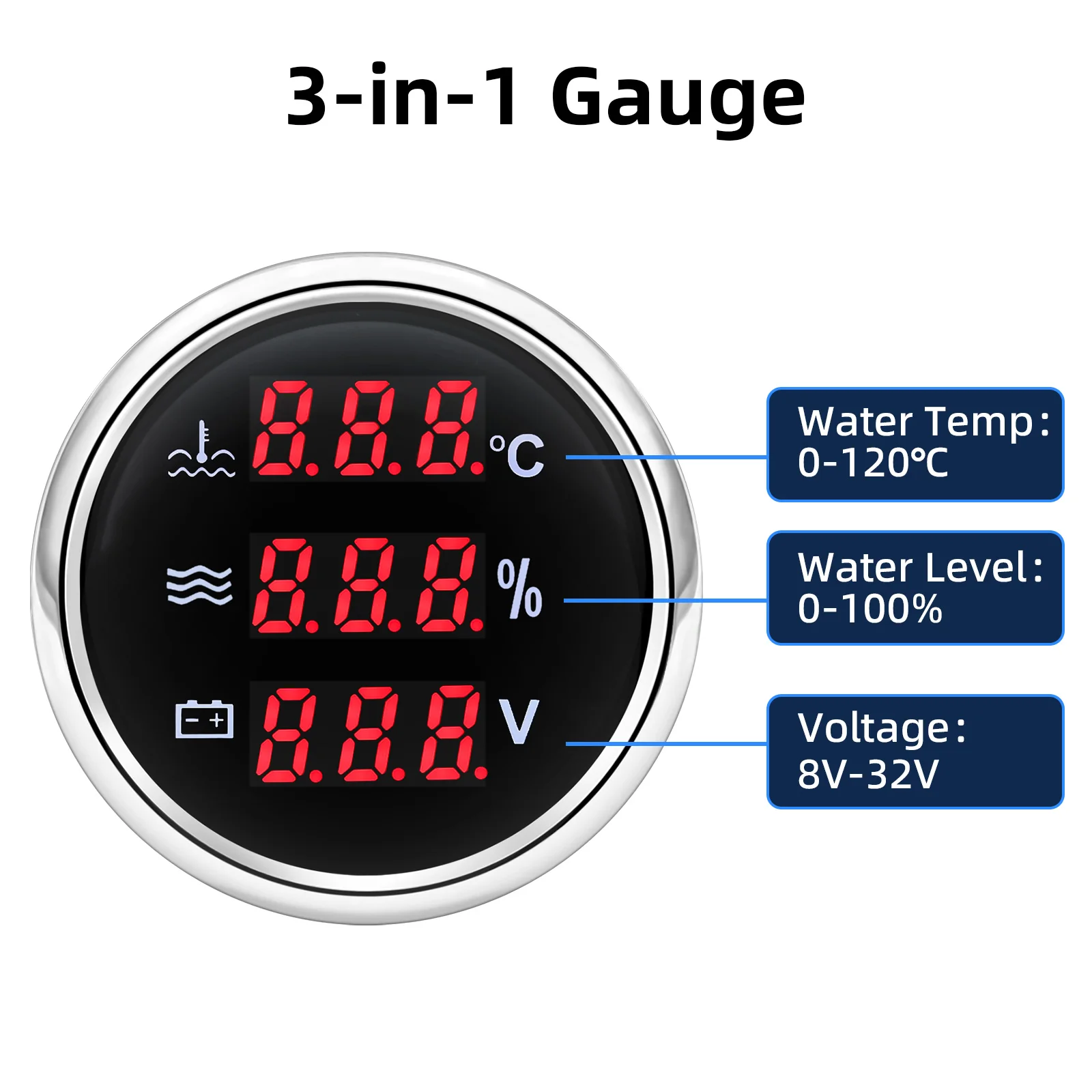 Sensor Level air 100-600mm + 3 dalam 1 suhu air + Level air + Voltmeter dengan Alarm 0-190 ohm 52mm pengukur otomatis kapal Yacht 12V 24V