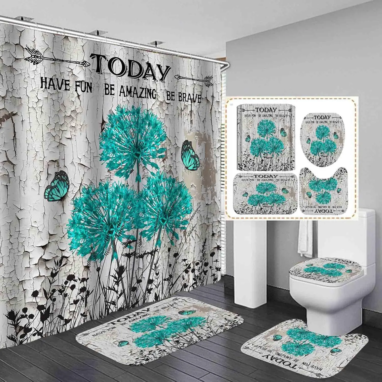 

4pc Teal Butterfly Dandelions, Black Wild Grass Rustic Wood Board Shabby Chic Country Farmhouse Floral