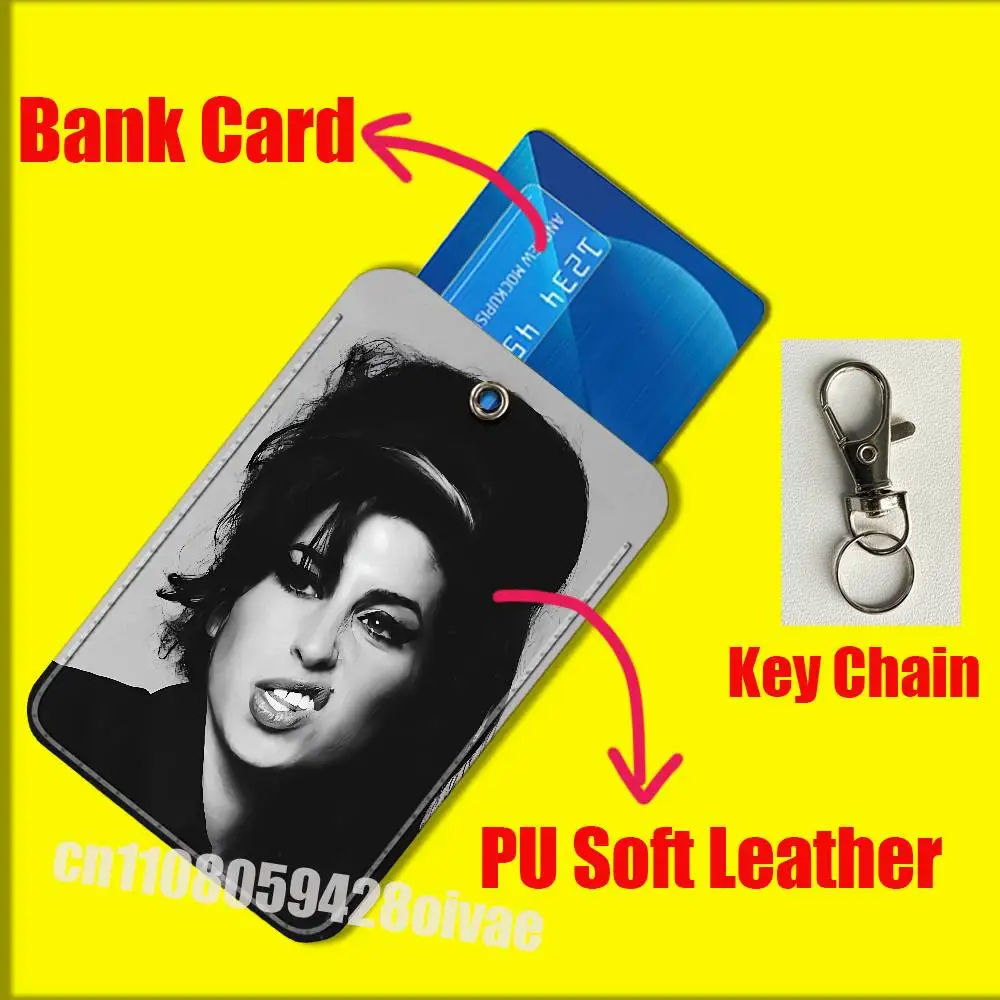 

For ID Clips Credit Bank Campus Card Holder Cover Decoration PU Leather Keychain A-Amy Winehouse Back to Black