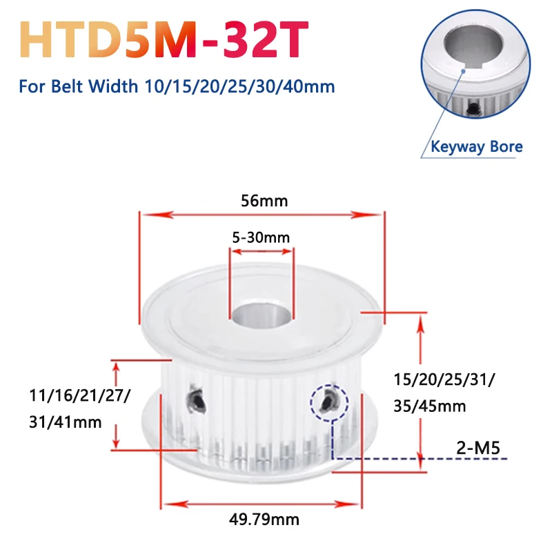 

1pc 32 Teeth HTD 5M Timing Pulley Aluminium HTD5M 32T Synchronous Wheel for Belt Width 10/15/20/25/30/40mm Bore 5 6 8 10 12-30mm