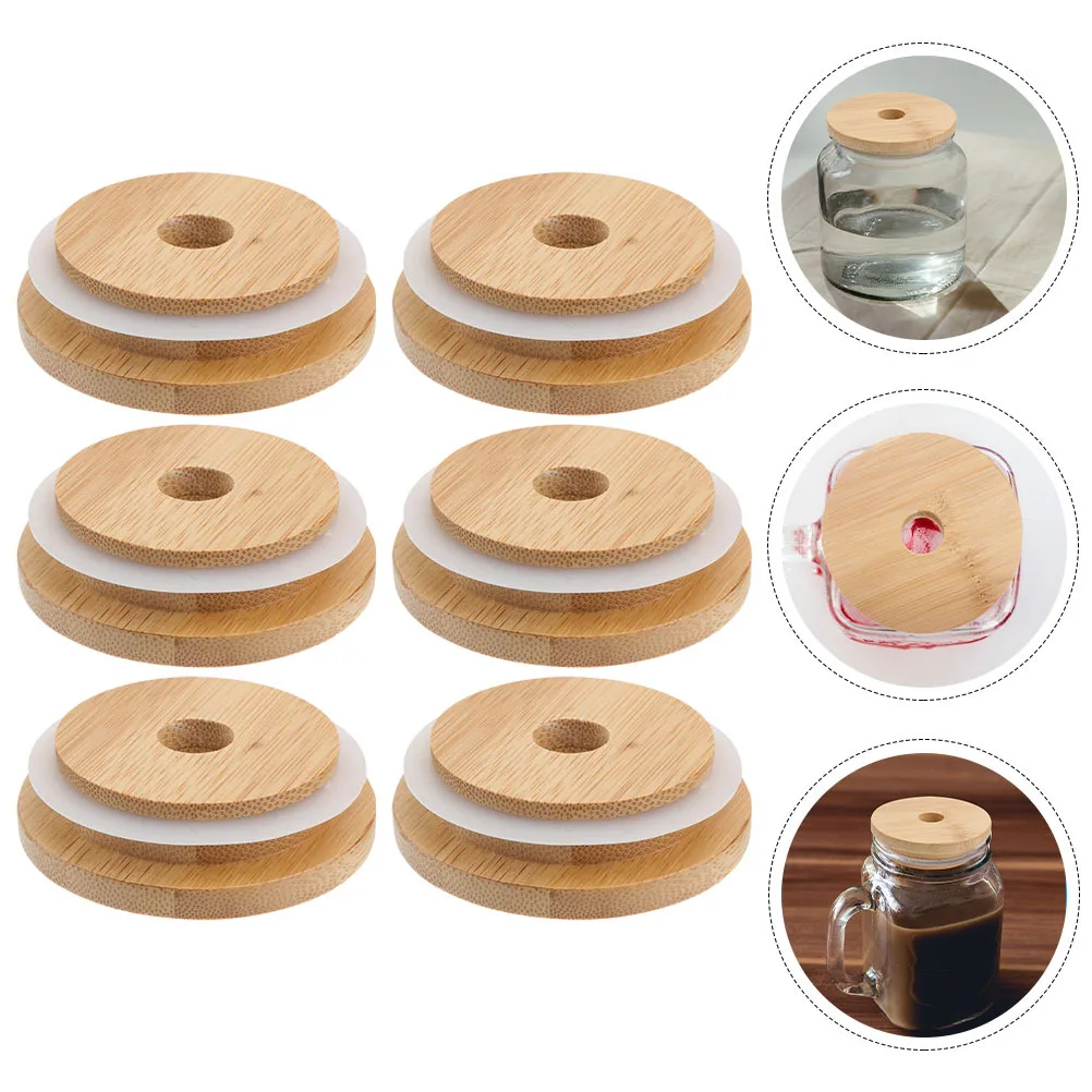 

6Pcs Bamboo Storage Jar Lids Silicone Ring Airtight Reusable Yogurt Pudding Bottle Covers Glass Jar Straw Hole Lids