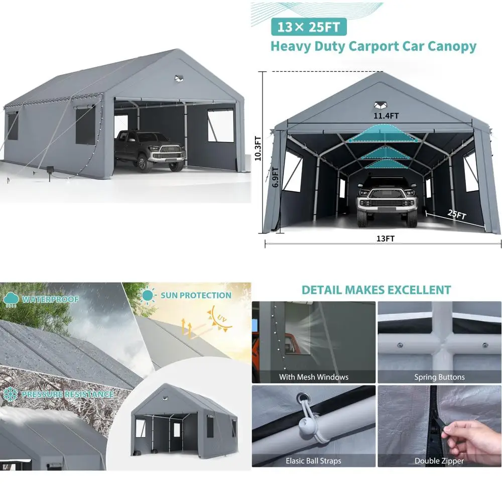 

Сверхмощный портативный гараж-аспорт 13x25 со съемными боковыми стенками, всепогодный автомобильный укрытие для защиты автомобиля на открытом воздухе