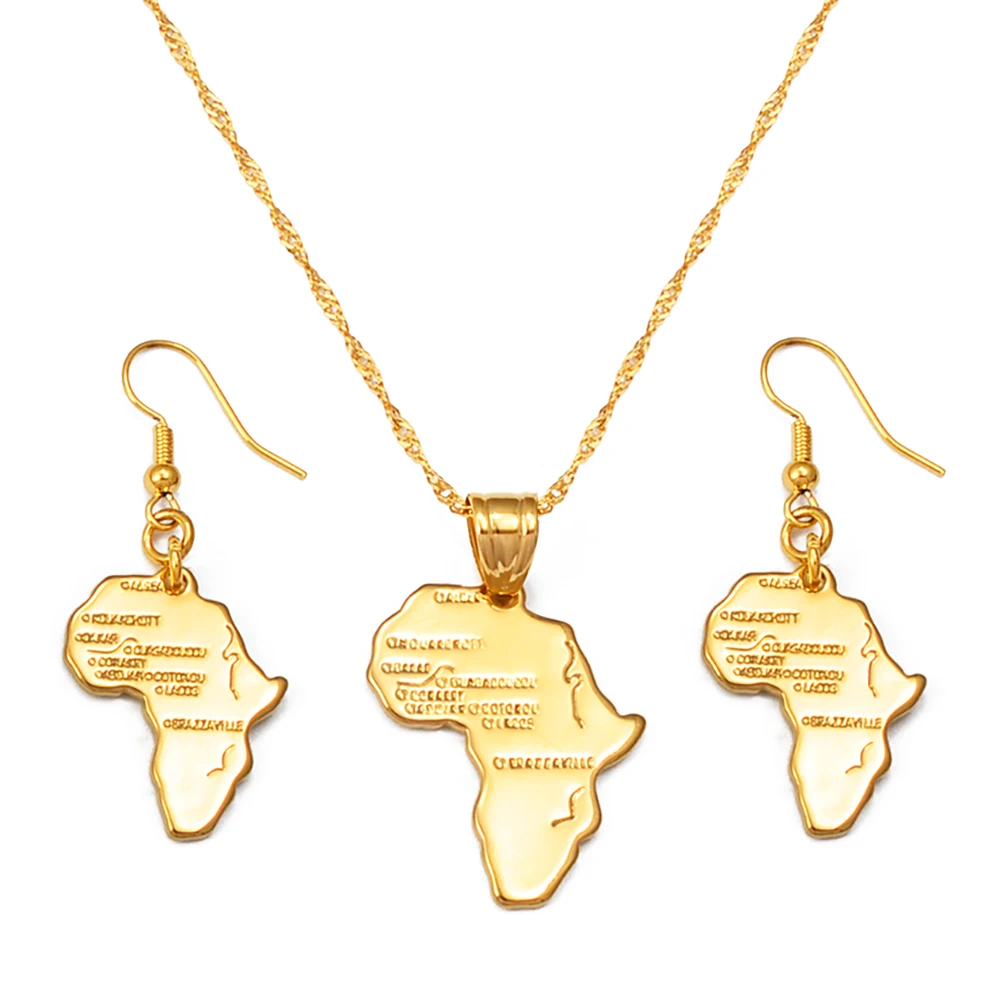 Anniyo (2 colors) Africa Map Jewelry set Necklaces Earrings for Woman Ethiopian Nigeria Sudan Congo Birthday Goods #002306S