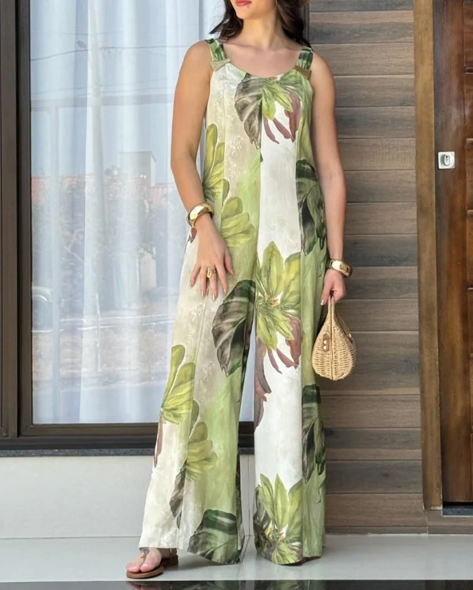 

Round neck sleeveless casual wide leg jumpsuit