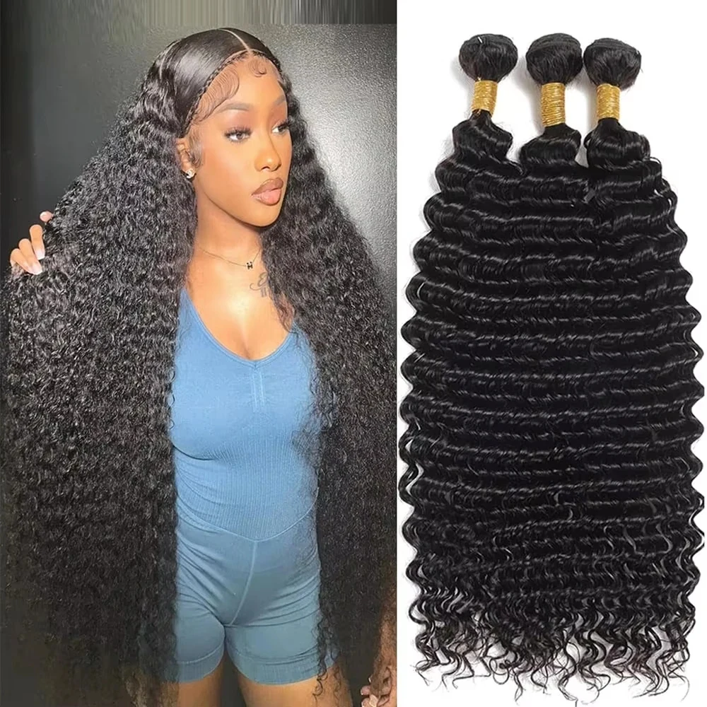 Rosabeauty Curly Human Hair Bundles With Transparent Deep Wave Brazilian Extension for Women Weave 3 4 Bundles Natural Color