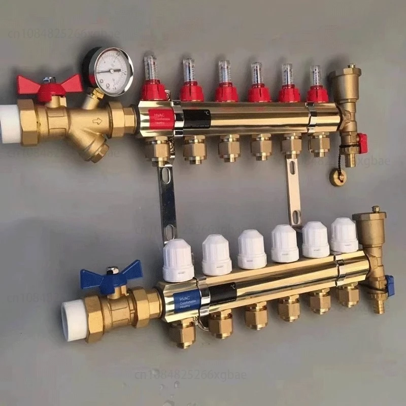 Brass Profile Floor Heating Manifold with Visual Float Flow Meter and Adjustable Temperature Control