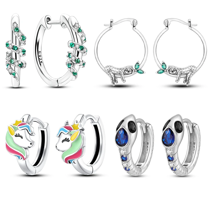 2024 New 925 Sterling Silver Animal Colorful Snake Horse Bradypod Double Hoop Earrings For Lady Party Birthday Gifts Jewelry