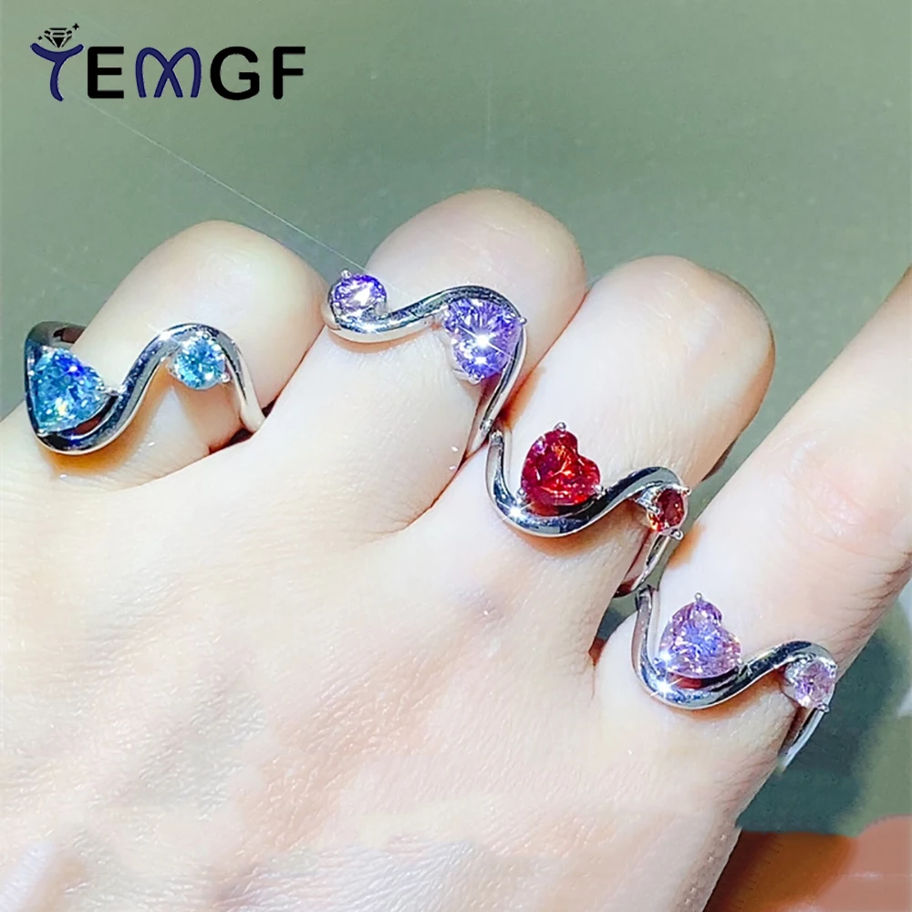 

TEMGF 1.3CT Colorful Moissanite Ring Heart Cut Round Cut With Certificate 925 Sterling Silver Twisted Ring for Women Jewelry
