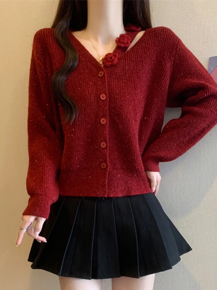 

New Year Red Long Sve Knitted Sweater Women's Autumn Winter ort Sle Slimming Base Layer Top Casual Sle V-Ne