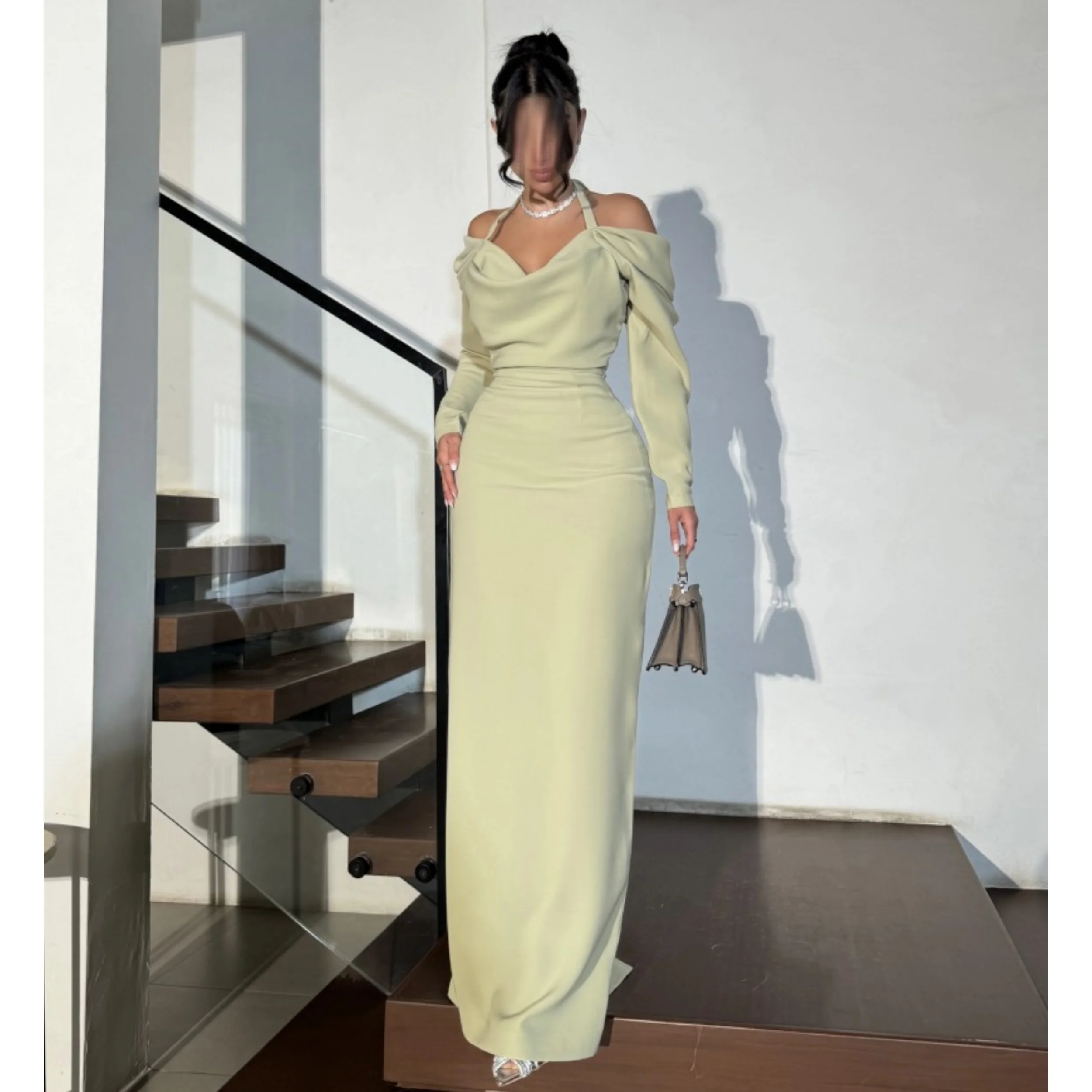 우아한 연녹색 여성용 맞춤형 오프숄더 긴팔 롱 이브닝 드레스, 새틴 갈라 가운