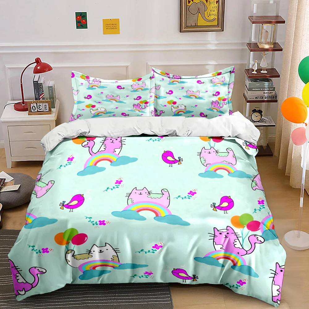 

Rainbow cats with balloon birds Print Bedding Set 1 Duvet Cover 2 Pillowcases for Adult and Children Luxury Gift Full Size