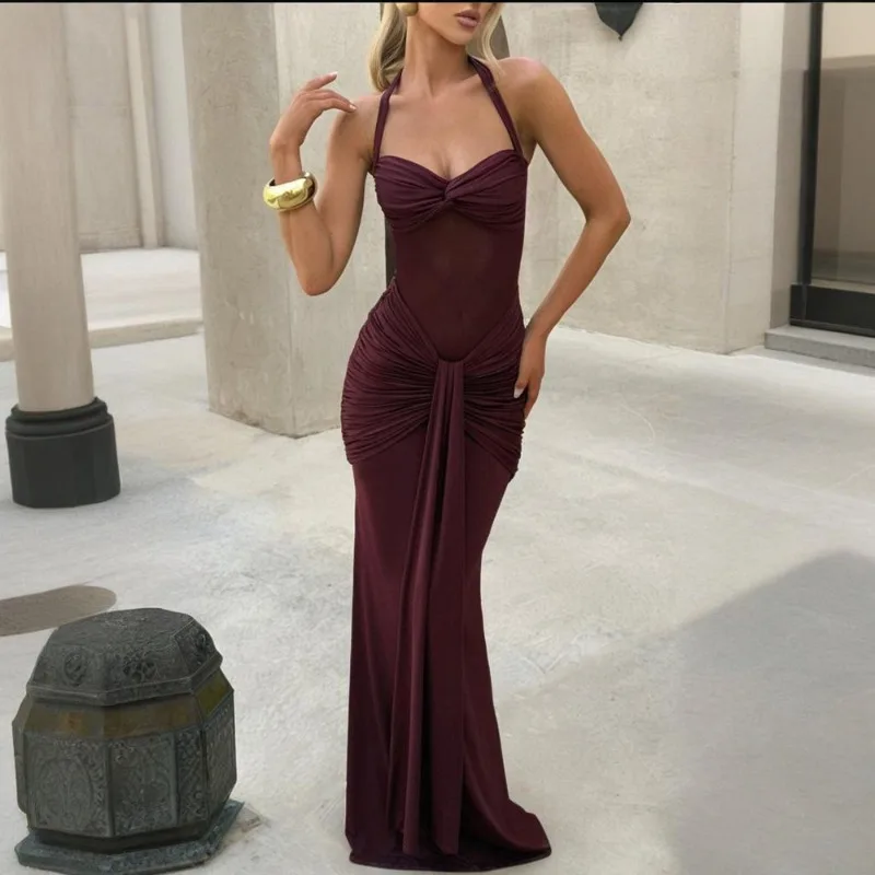 Damen Sommer Mode Sexy Durchsichtiges Mesh-Splice Langes Kleid Einfarbiges Neckholder Trägerloses Kleid Neues Hüftumschmeichelndes Kleid