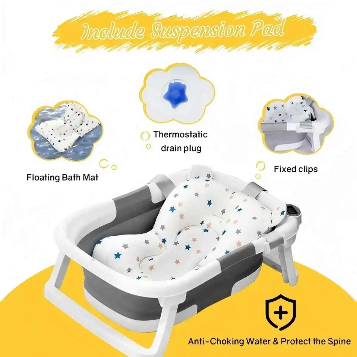 

Детская ванночка с ковриком для купания, легкая и складная, портативная ванна, с дисплеем температуры, дренажным отверстием.