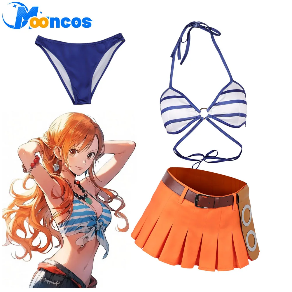 Nami Cosplay Costume Swimsuit Women Fantasy Swimwear Bra Skirt Shorts Belt Clothing for Female Halloween Carnival Party Suit