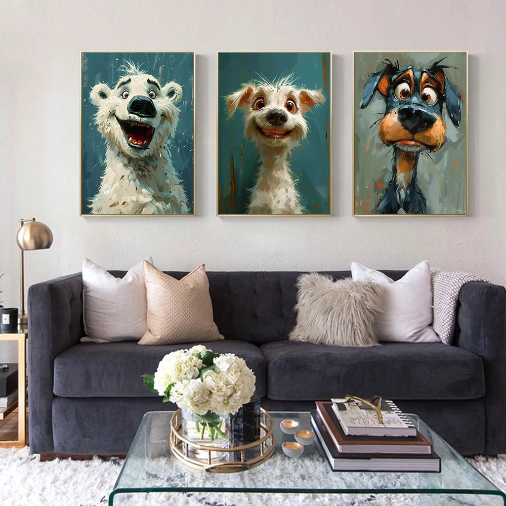 Funny Cartoon Animal Portrait Wall Art Print Abstract Oil Painting Cat Dog Cheetah Bear Canvas Poster for Kids Room Home Decor
