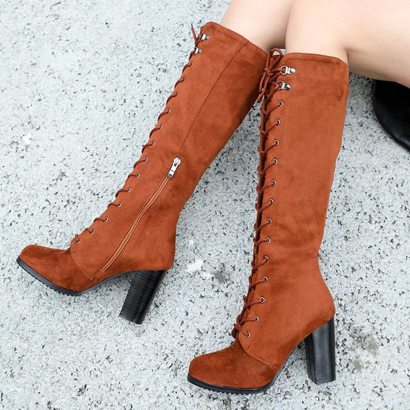 Knee-high Boots Woman Round Toe 9CM Coarse Following High Heeled Lace Up Boots Winter New Female Handsome Flock Locomotive Boots