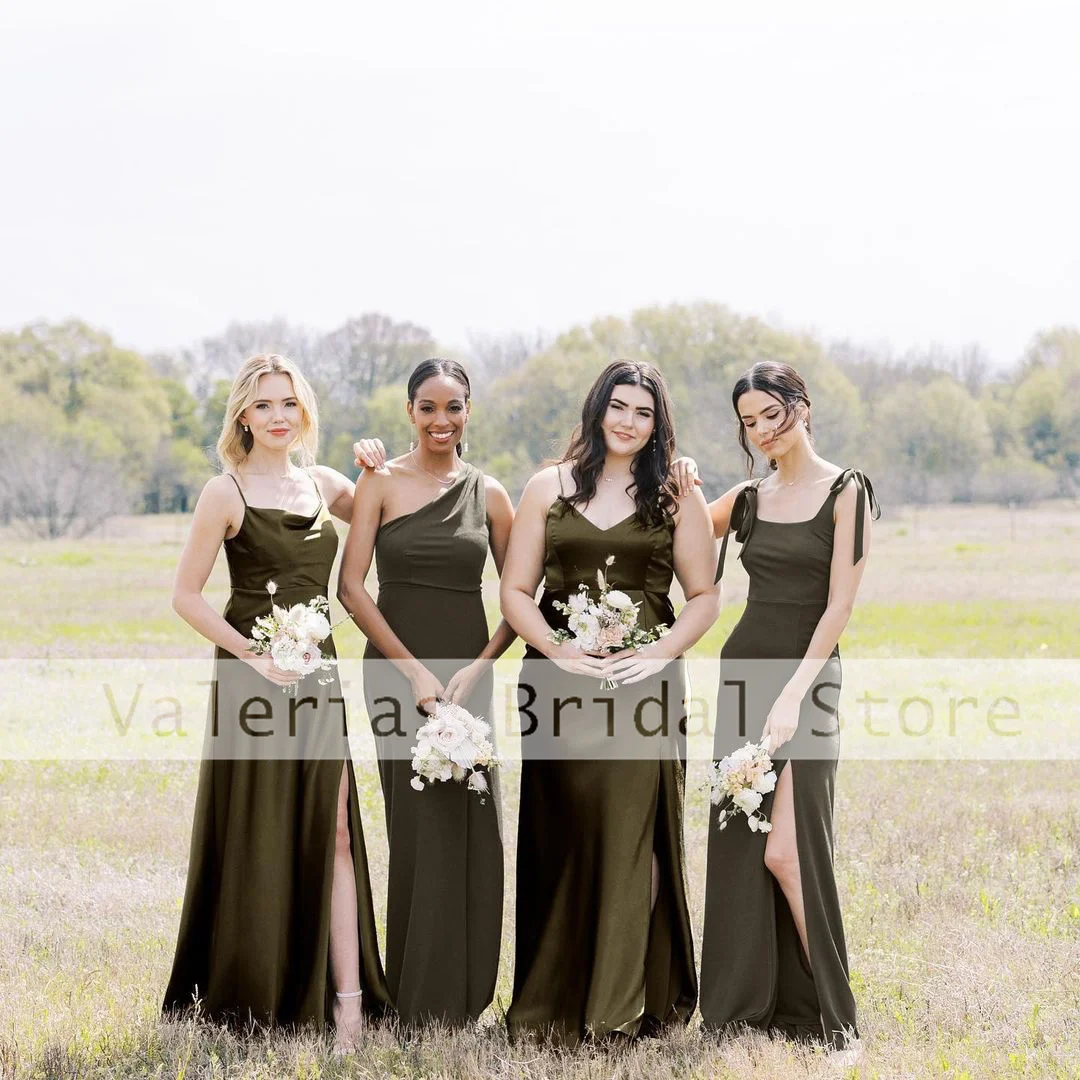 

Fashion Green Bridesmaid Dress Satin Prom Gown Floor Length Wedding Party Robe De Soriee Sexy Long Evening Dresses