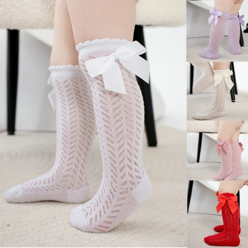 

1 Pair Baby Socks Stylish Mesh Socks Hollowed Out Middle Tube Socks with Bowknot Decor for 0 to 2 Year Infant Girls