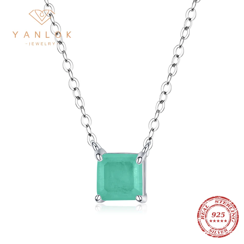 YANLOK 100% 925 Sterling Silver Paraiba Tourmaline Suqare Stone Pendant Necklace for Women Wedding Engagement Promise Jewelry