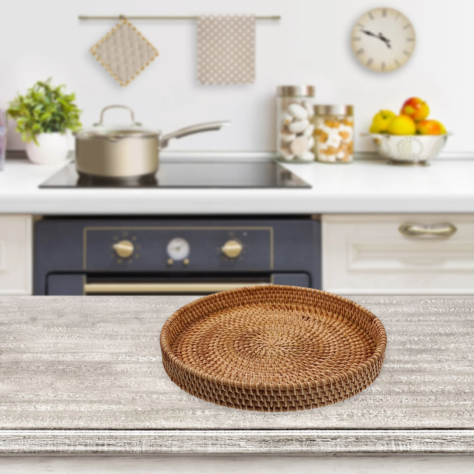 

Round Rattan Storage Thickened Fruit Dessert Serving Tray Multi-Function Coffee Table Stackable Household Wear-Resistant