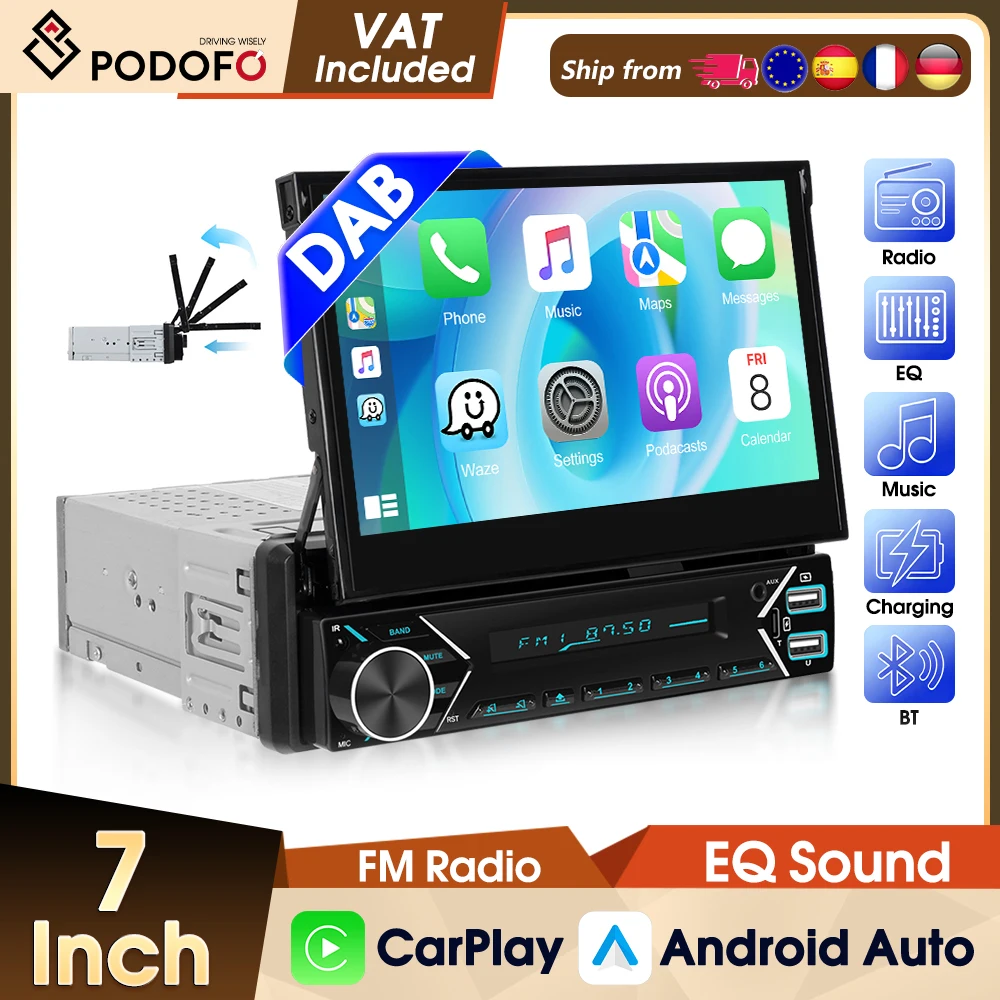 Podofo Autoradio 1DIN Retrattile Elettricamente con CarPlay Wireless, Android Auto, Mirror Link, Lettore Multimediale per Auto, DAB, FM, USB Type-C