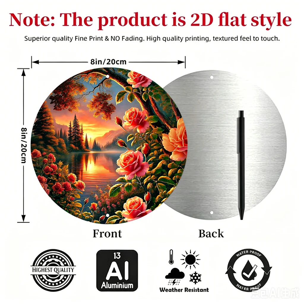 JIT 1-pc Orange sunset mountain red rose landscape print round metal tin sign wall decor, lightweight & smooth surface, this artistic metal tin sign fits bedroom, entryway and garden for multi-space wall decoration, ideal decorative gift for home lovers view 3