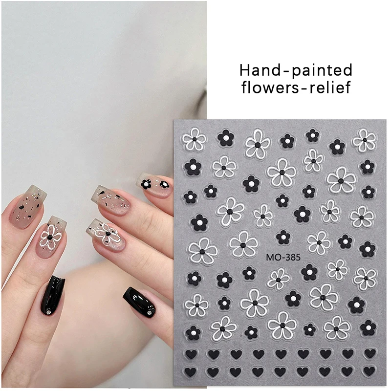 Flower Shape Nail Sticker Black And White Stereoscopic Hand Drawn Nail Decal Decoration DIY Enhancement Adhesive Sticker