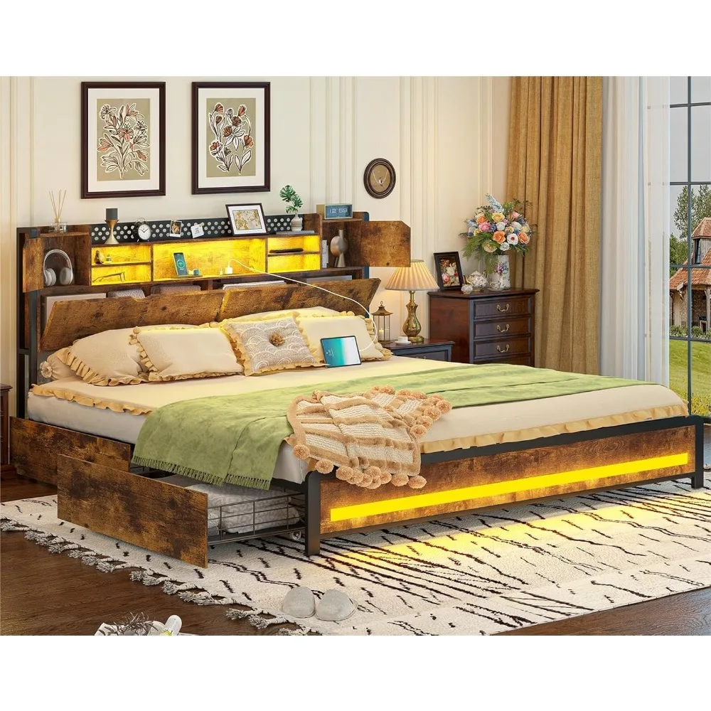 

King Size Bed Frame with Storage Drawers and Bookcase Headboard, Wooden Platform King Bed with LED Lights and Charging Station