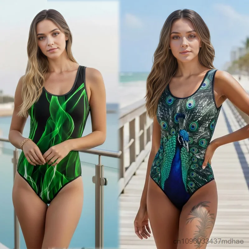 

Vintage Peacock Cosplay Feather Pattern Cool Green Flame Print Swimsuit Bathing Suit Women Sleeveless U Neck Beach Swim Bodysuit