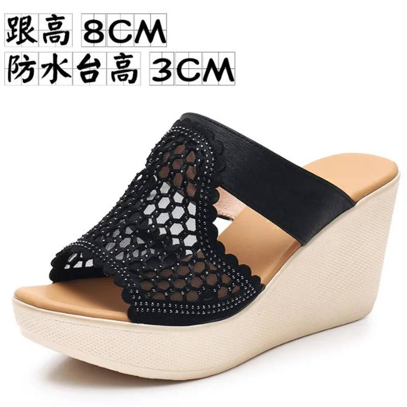 Summer Rhinestone Wedges Heel Women Slippers Platform Peep Toe Height Increasing Slides  Sexy Ladies Shoes Zapatos De Mujer