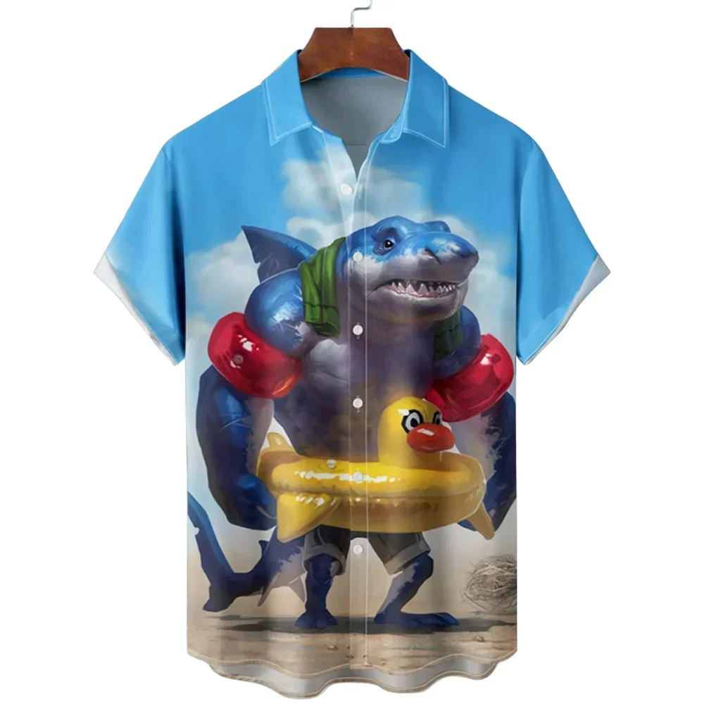 Fun Shark Print Men's Shirts for Men and Women Casual Fashion Button Lapel Streetwear Oversized Men's Short Sleeve Shirts