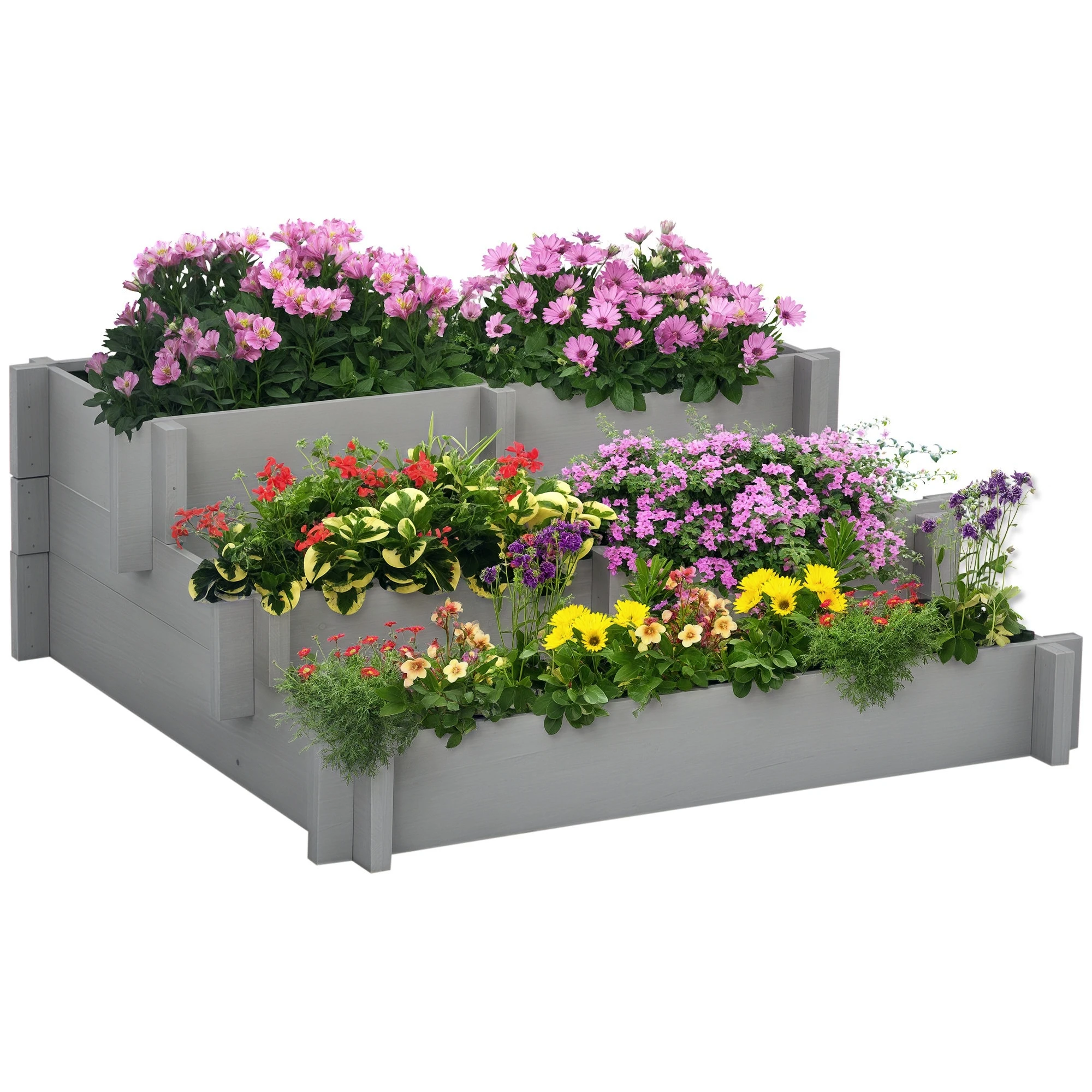 

3 Tier Raised Garden Bed, Water Draining Fabric for Soil, Elevated Wooden Flower Box for Vegetables, Herbs, Gray