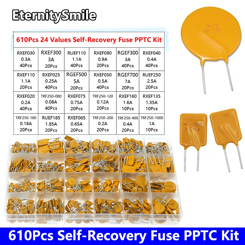 

610Pcs/Box 24 Values Self-Recovery Fuse PPTC Kit 0.05A 0.1A 0.2A 0.25A 0.3A 0.4A 0.5A 0.75A 0.9A 1.1A 1.35A 2A 2.5A 3.75A 7A