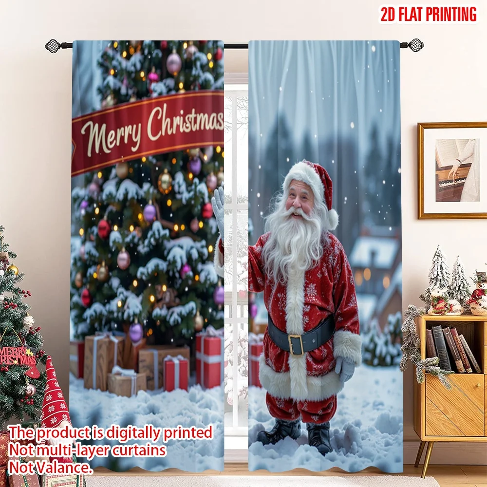 

2pcs 2D flat printing Christmas Curtain Santa Claus Merry Christmas Village Fabric Without Electricity Holiday Decorations Use