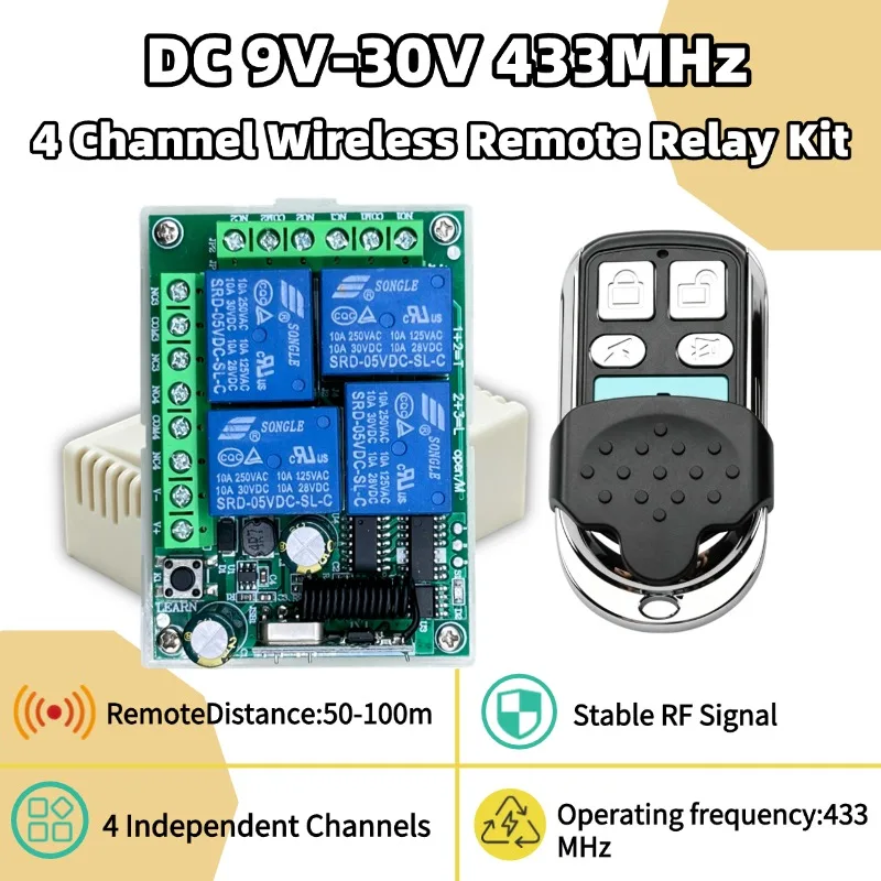 433Mhz RF Wireless Home Appliance Switch DC 12V Receiver 4 Channel 10A Relay Controller and Transmitter for Gate Door Opener