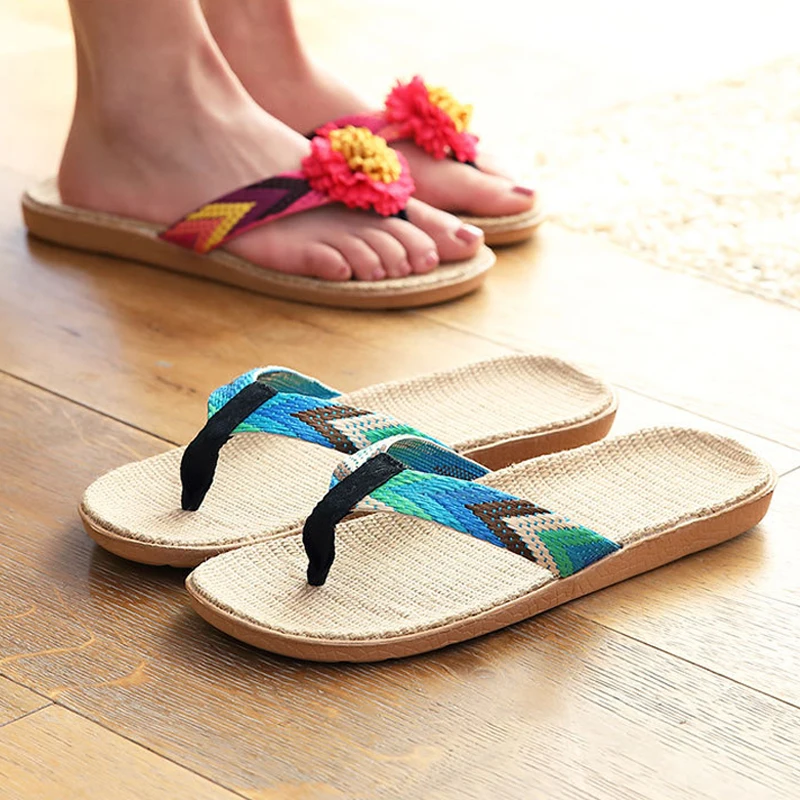 YNPO Herren Leinen-Flip-Flops mit Streifenband, flache EVA-Sandalen, rutschfeste Leinen-Slides, Hausschuhe, lässige Stroh-Strandschuhe für Herren – Detail 4