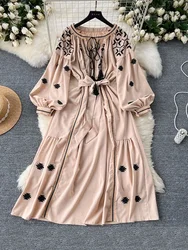 New Spring Women Bohemian Vacation Dress Travel Wear Sweet Western-style Embroidery Loose Waist Large Hem Long Sleeve Dress A57