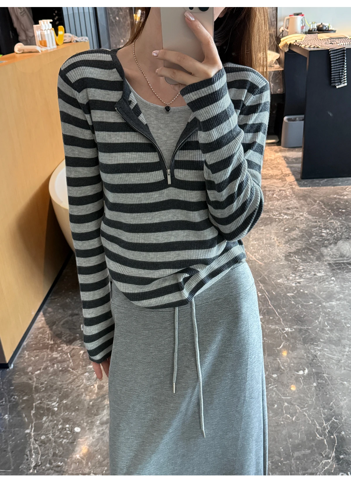 

New Women's Korean Style Half Zip Color Block round Neck Faux Two-Piece Striped Elegant Sweater Long Sleeve Top