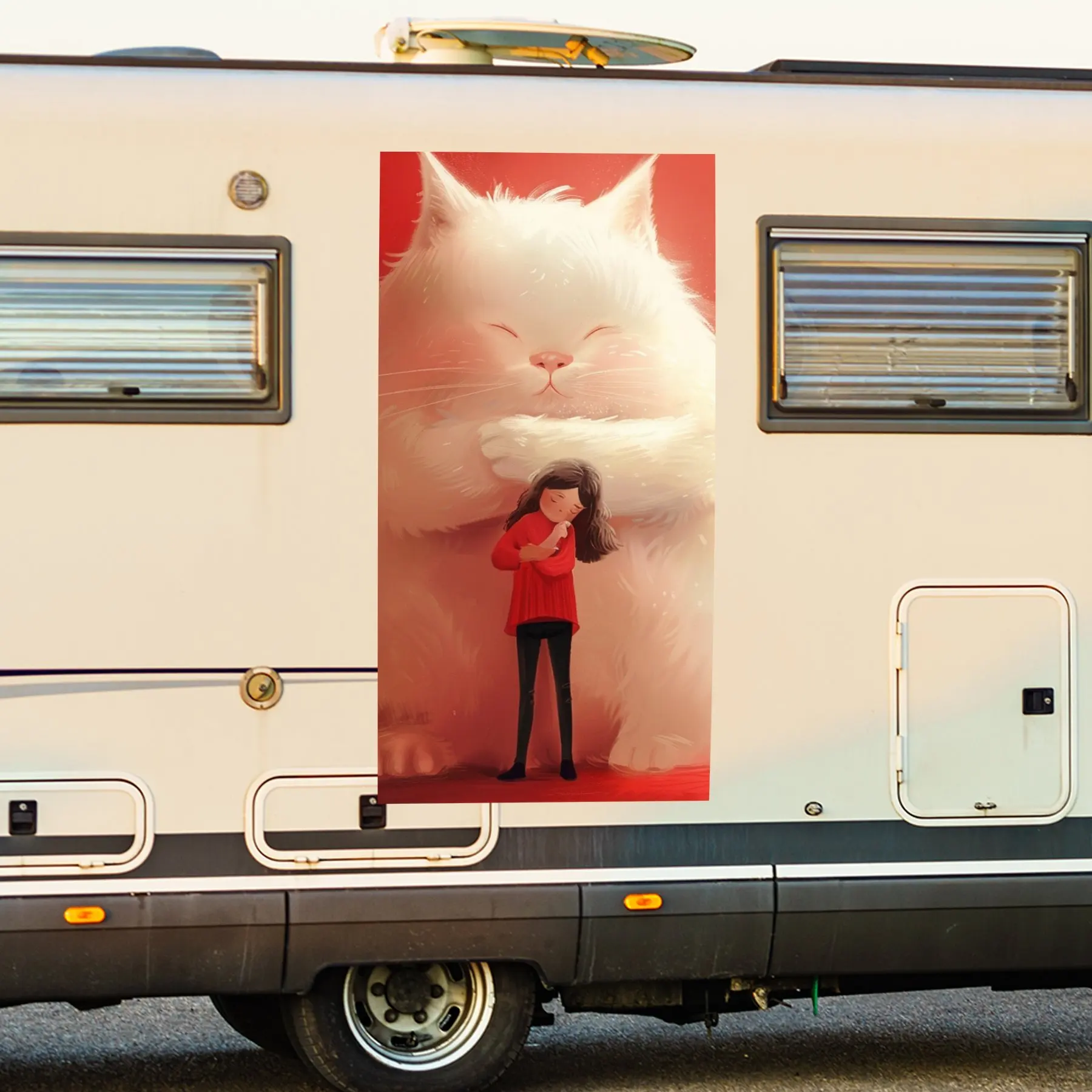 

Теплая объятия между девушкой и гигантским котом, художественная наклейка на автомобиль, виниловая наклейка на сторону моторики дома, водонепроницаемая самоклеящаяся виниловая наклейка