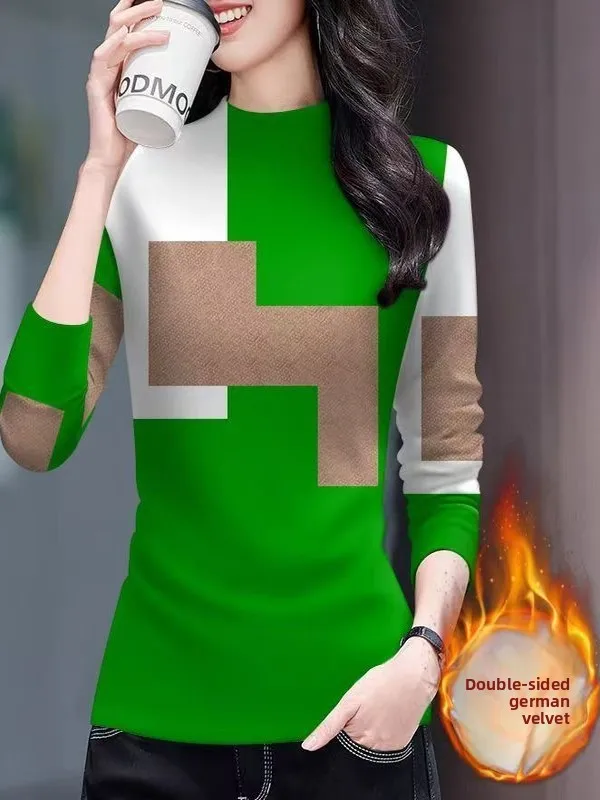 

Warm Thermal Long Sleeve Mommy Style Fashionable Block Color Half High Collar Base Shirt Polyester Fiber Women's Casual Wear