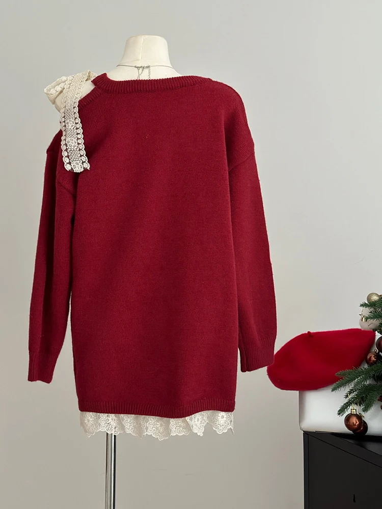 RORORIRI Lace Ribbon Bow Stitch Red Sweater Long Sleeves Off-shoulder Pullover Loose Lounge Jumper Top Christmas Retro Knitwear