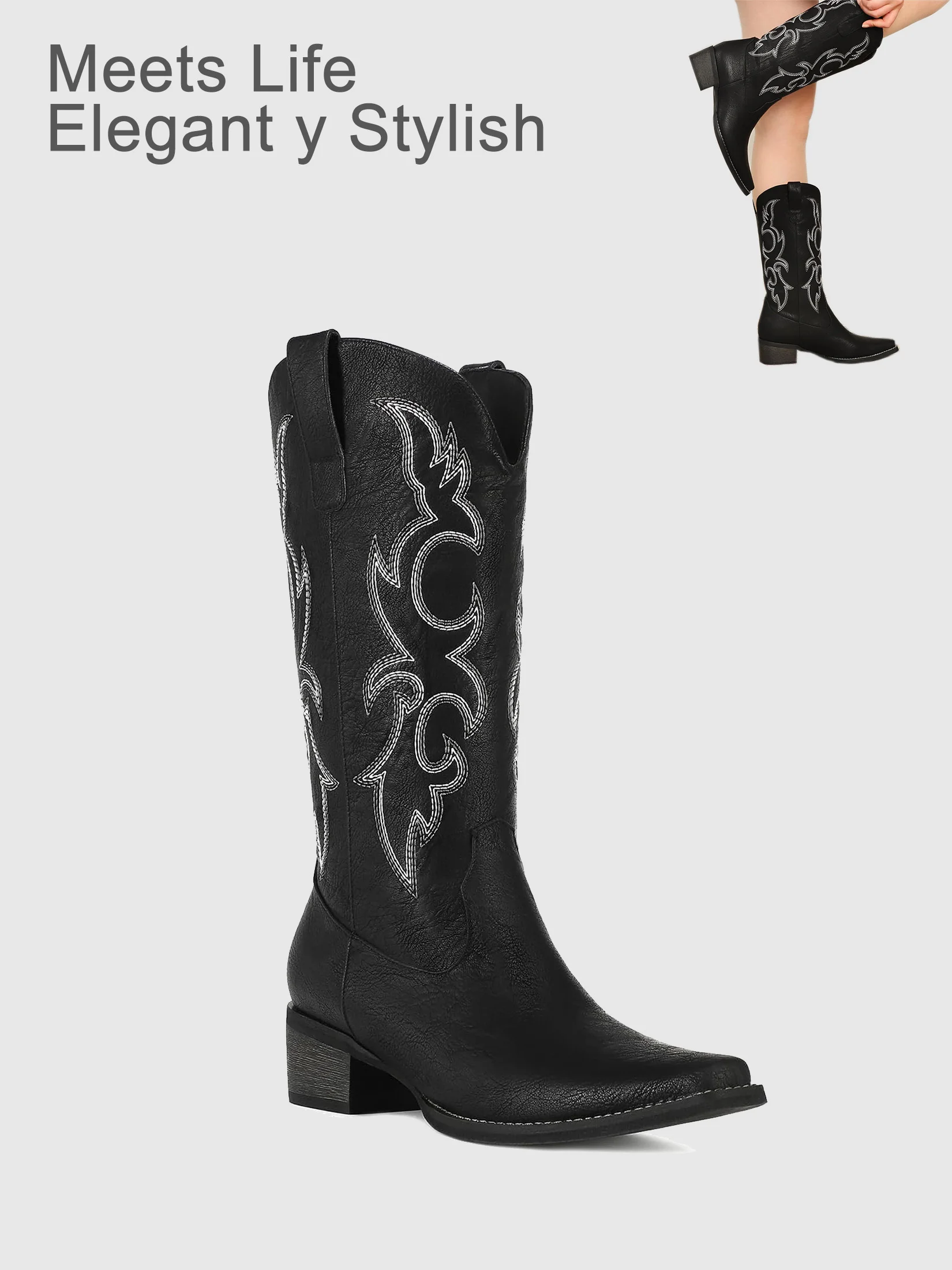 Black Cowboy Boots for Women - Embroidered Cowgirl Boots Western Mid Calf Fashion Chunky Heel Pointed Toe Country Boots