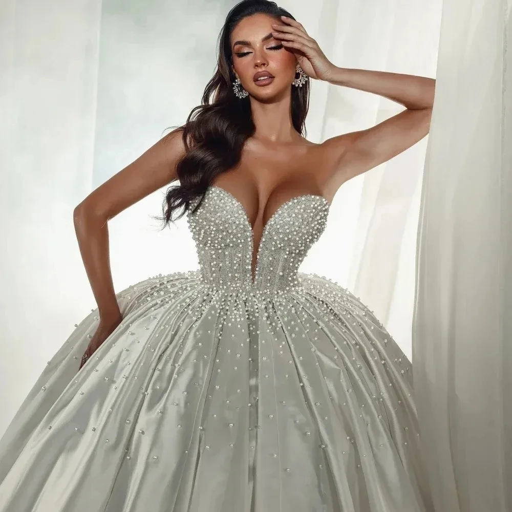 2025 moda vestido de baile vestido de casamento sem alças pérolas miçangas cetim rendas até noiva vestidos formais robe mariage vestidos de novia