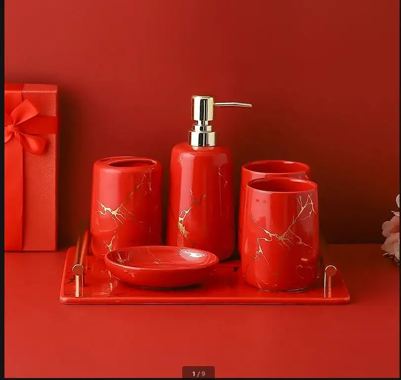 Red Bathroom Set Golden Marble Texture Ceramic Toiletries Shower Gel Bottle Soap Dishes Mouthwash Cup Hand Washing Fluid