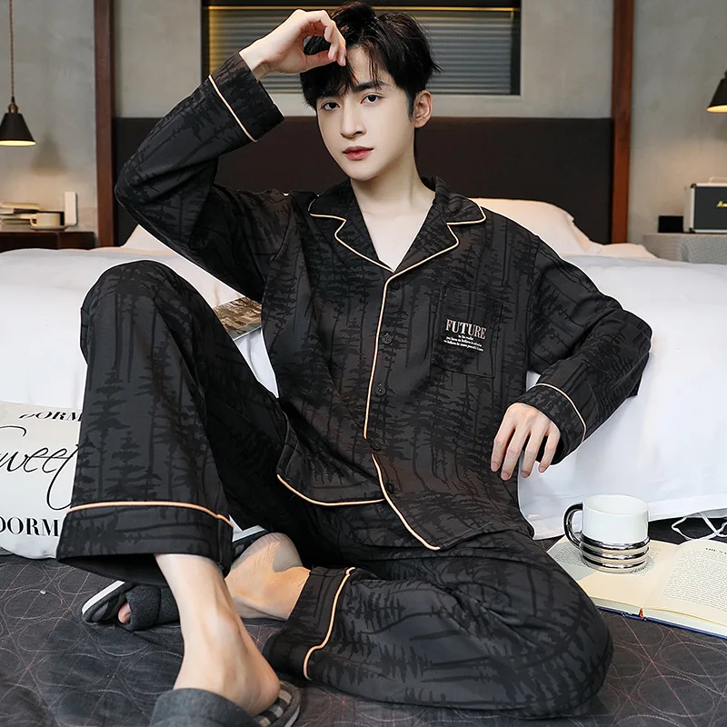 

Black Men's Long Sleeve Nightwear Cotton Cardigan Home Clothes Young Boy Autumn and Spring Pajamas Set Casual Loungewear pyjama