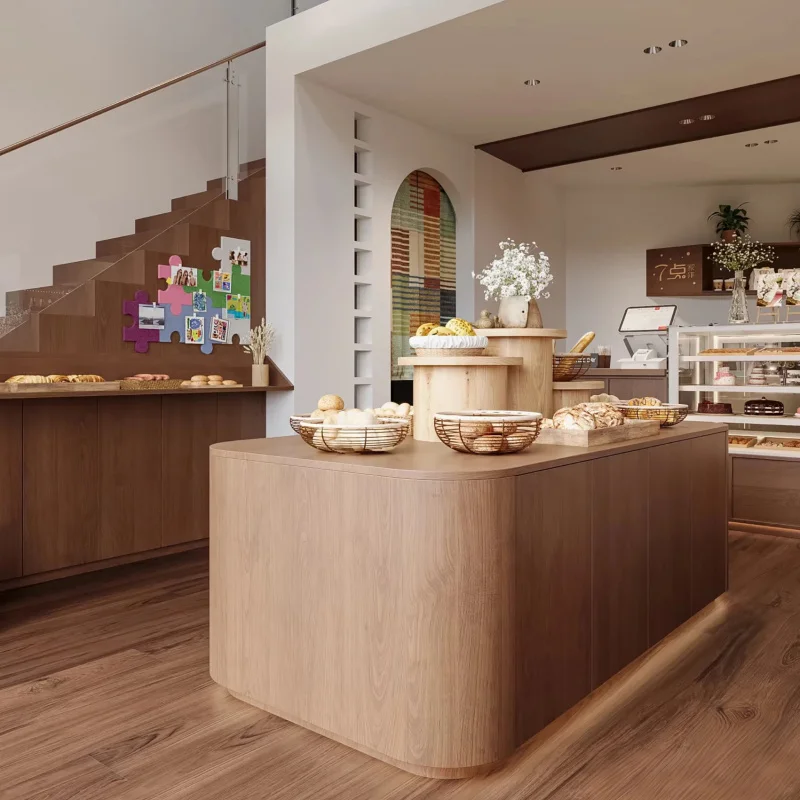custom.Bakery Shop Cake Bread Wood Heavy Duty LED Lit Brown Barrister Shelf Display Cabinet Showcase Stand Customized Bakery