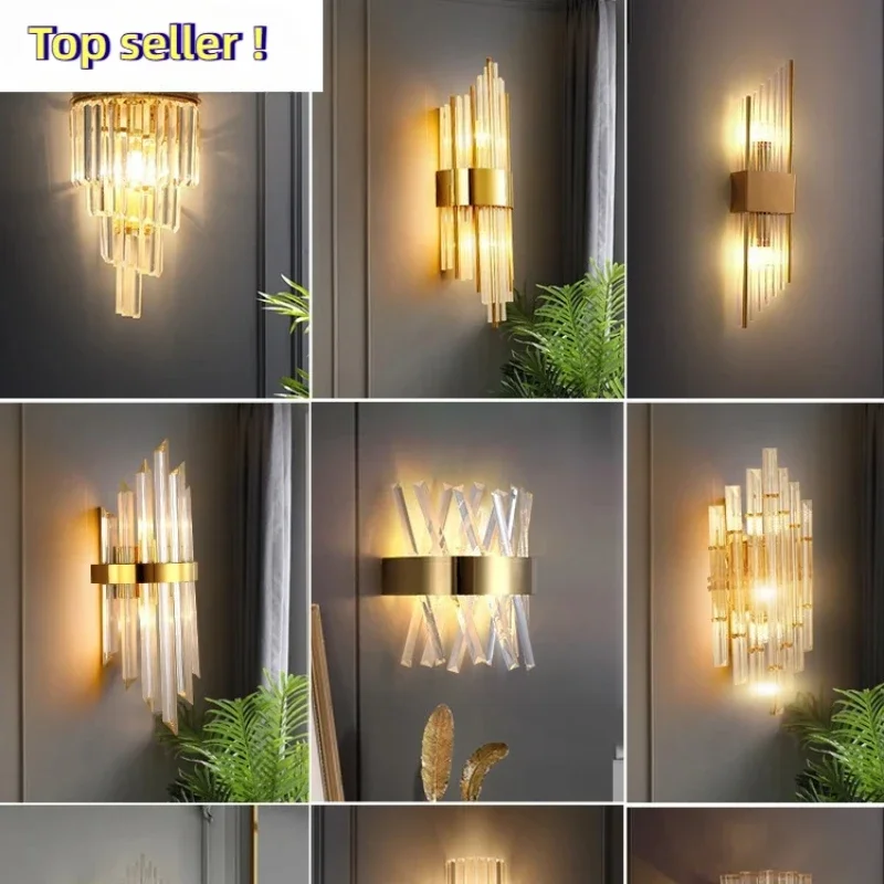 

Modern LED luxury crystal wall lamp living room lobby hotel home decoration Nordic art interior lighting gold bedside lamp