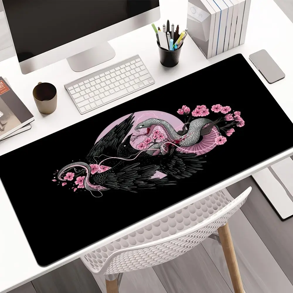 Oriental Snake & Raven XL Mouse Pad, Cherry Blossom Gothic Art Non Slip Rubber Desk Keyboard Mat for Gaming Home Desktop