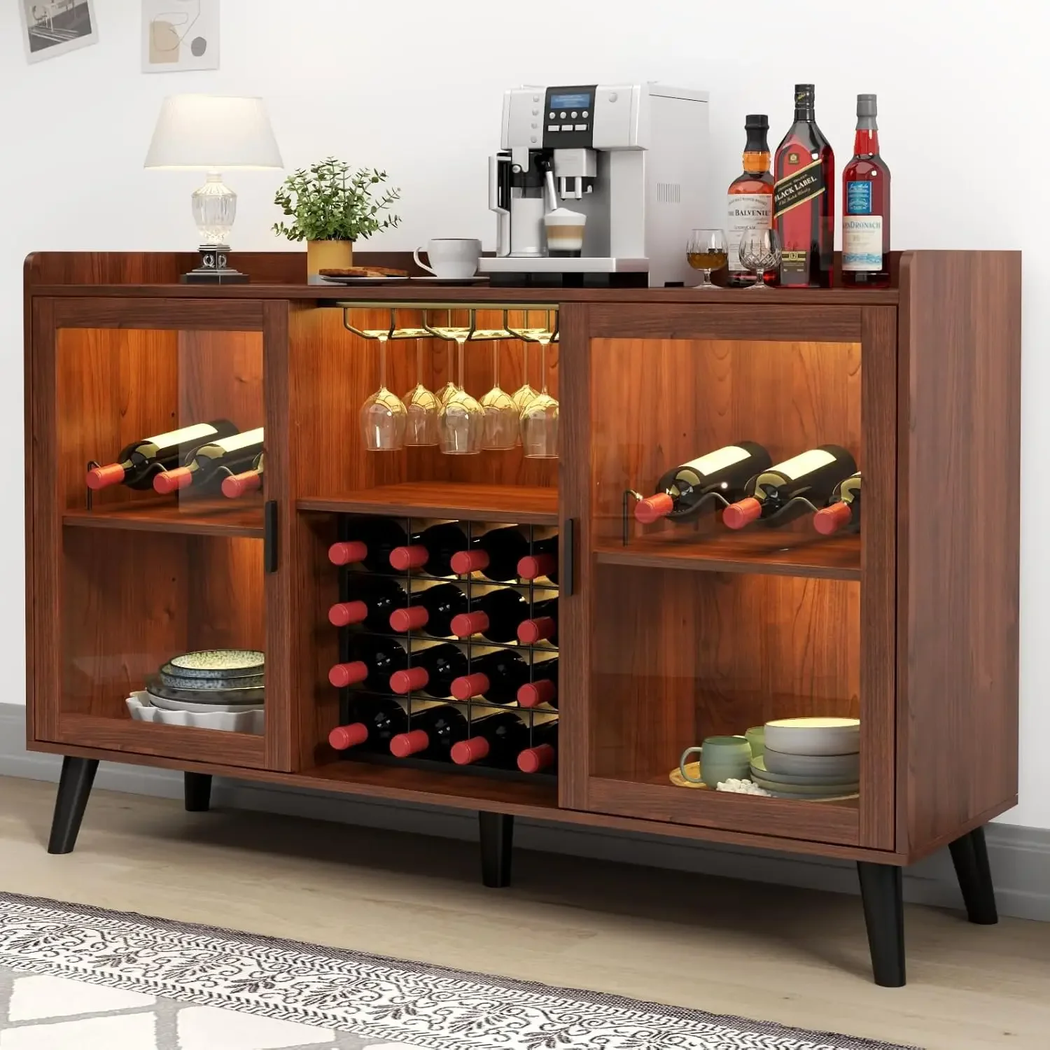 Weinbarschrank mit LED-Licht, Kaffeeschrank für Zuhause mit Wein- und Glasregal, Küchenbuffet-Sideboard mit Ablageflächen