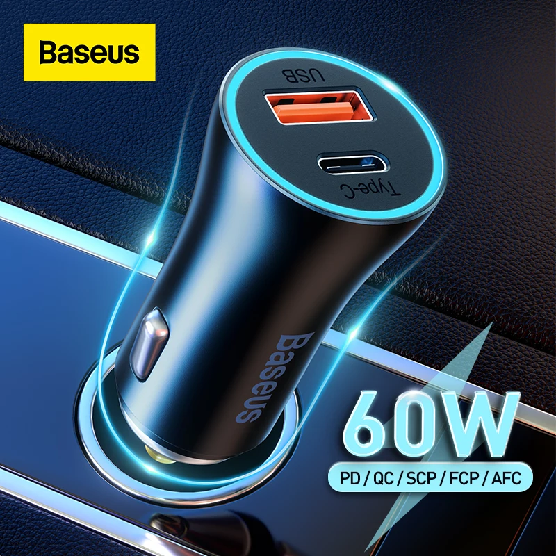 Baseus 60W Car Charger Quick Charge 4.0 3.0 Dual Port PD Type-C Fast Charging Phone Car Charger For iPhone Xiaomi Huawei Samsung